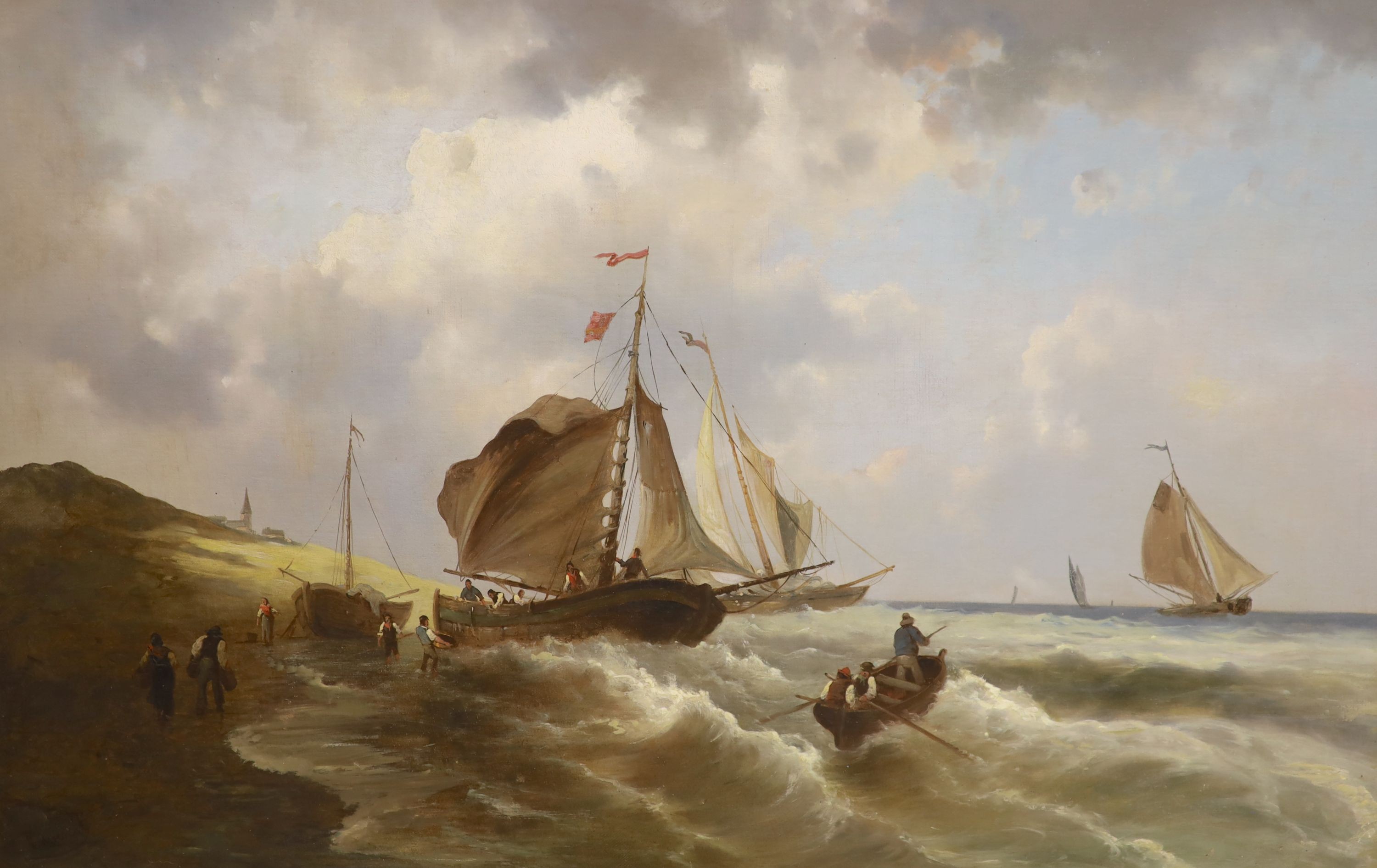 F. van Mieris (19th C.), oil on canvas, Fishing boats along the Dutch coast, signed, 66 x 103cm.